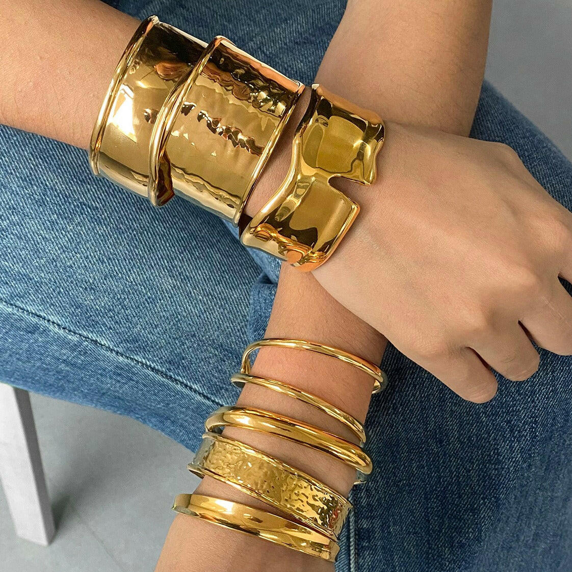 Kaze Wide Textured Gold Bracelet | 18K Gold-Plated Geometric Statement Bangle