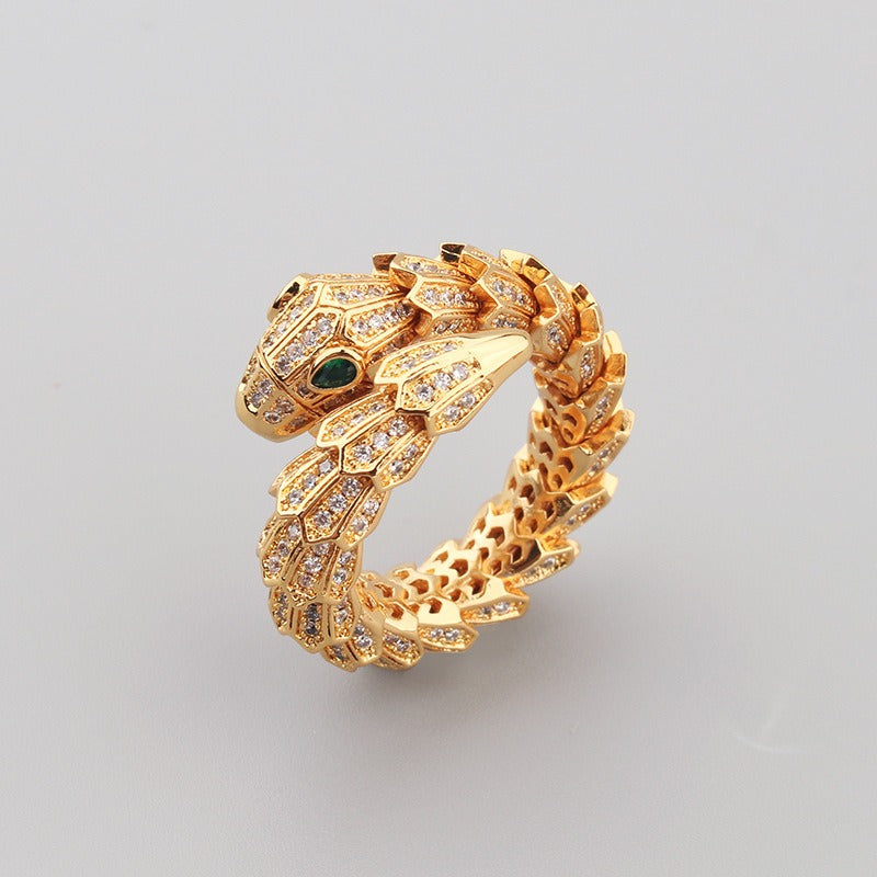Kaze Snake-Shaped Gemstone Inlay Open Ring | 18K Gold Adjustable Serpent Ring in Gold, Silver &amp; Rose Gold