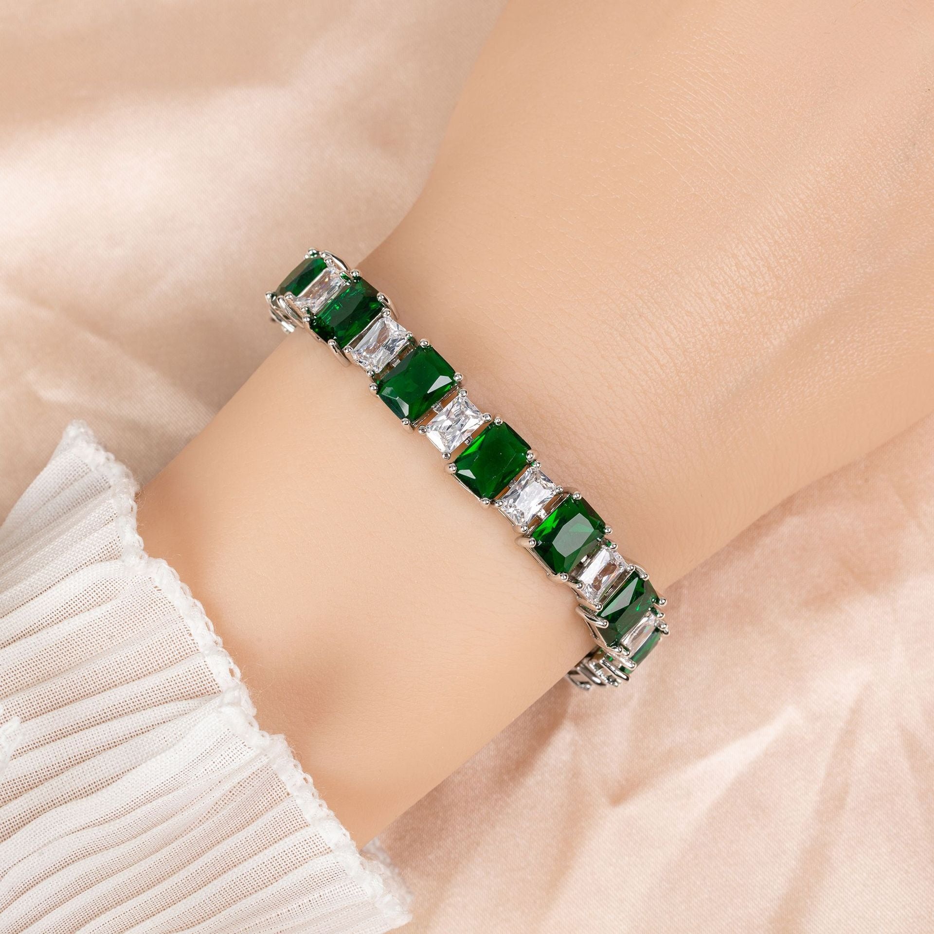 Kaze Square Micro-Pavé Zirconia Enamel Bracelet | Geometric Enamel Bracelet in 4 Colours Emerald on a White Background