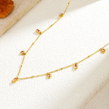 Kaze 18K Gold Square and Pink-Purple Round Pendant Necklace and Bracelet Set | Geometric Romantic Set Necklace