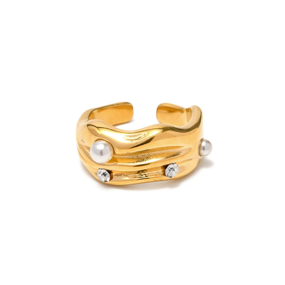 Kaze Pearl and Diamond Textured Open Ring | 18K Gold Luxury High-End Ring Adjustable