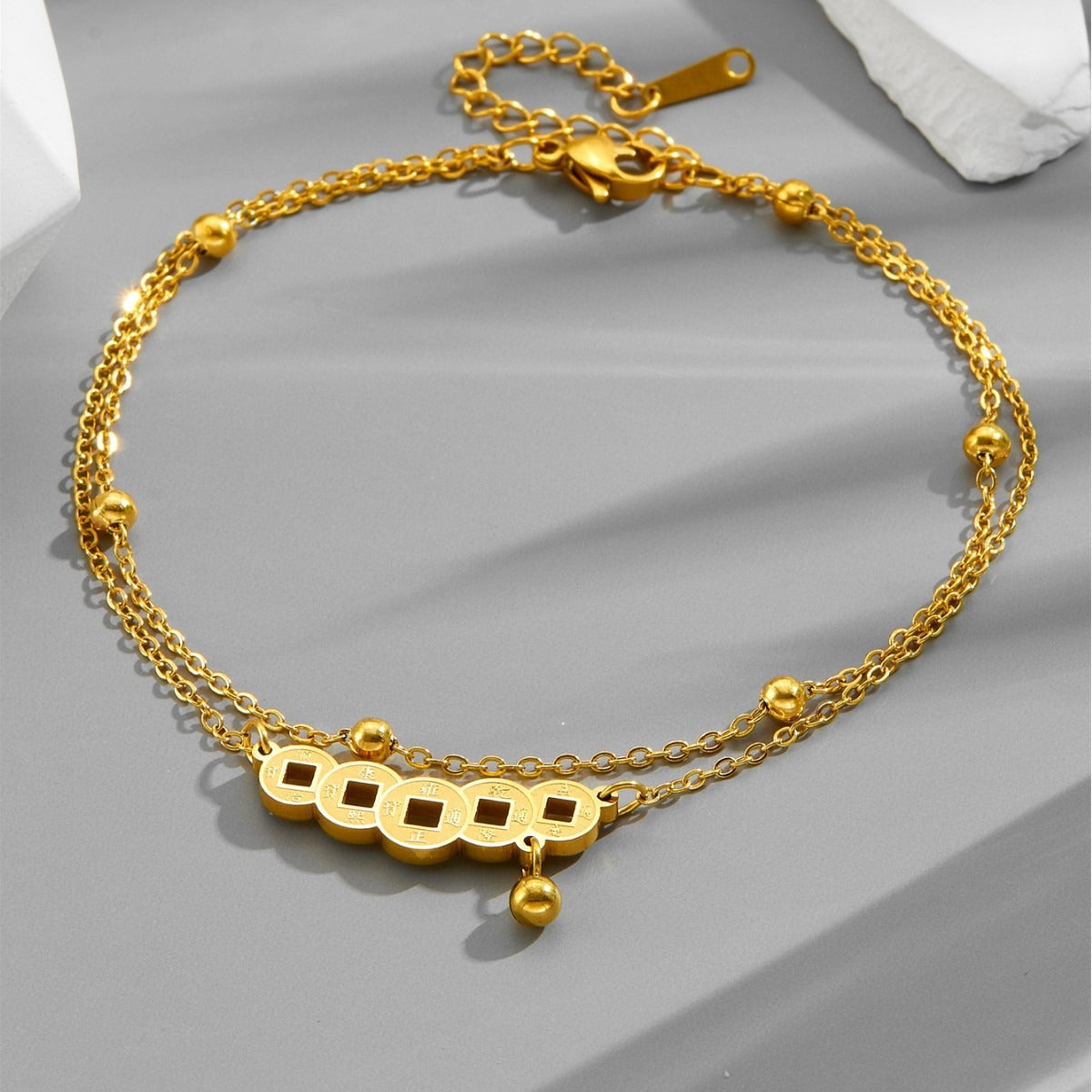 Kaze 18K Gold Double-Layer Beaded Copper Coin Anklet &amp; Bracelet | Vintage Chinese Style in 2 Variants anklet