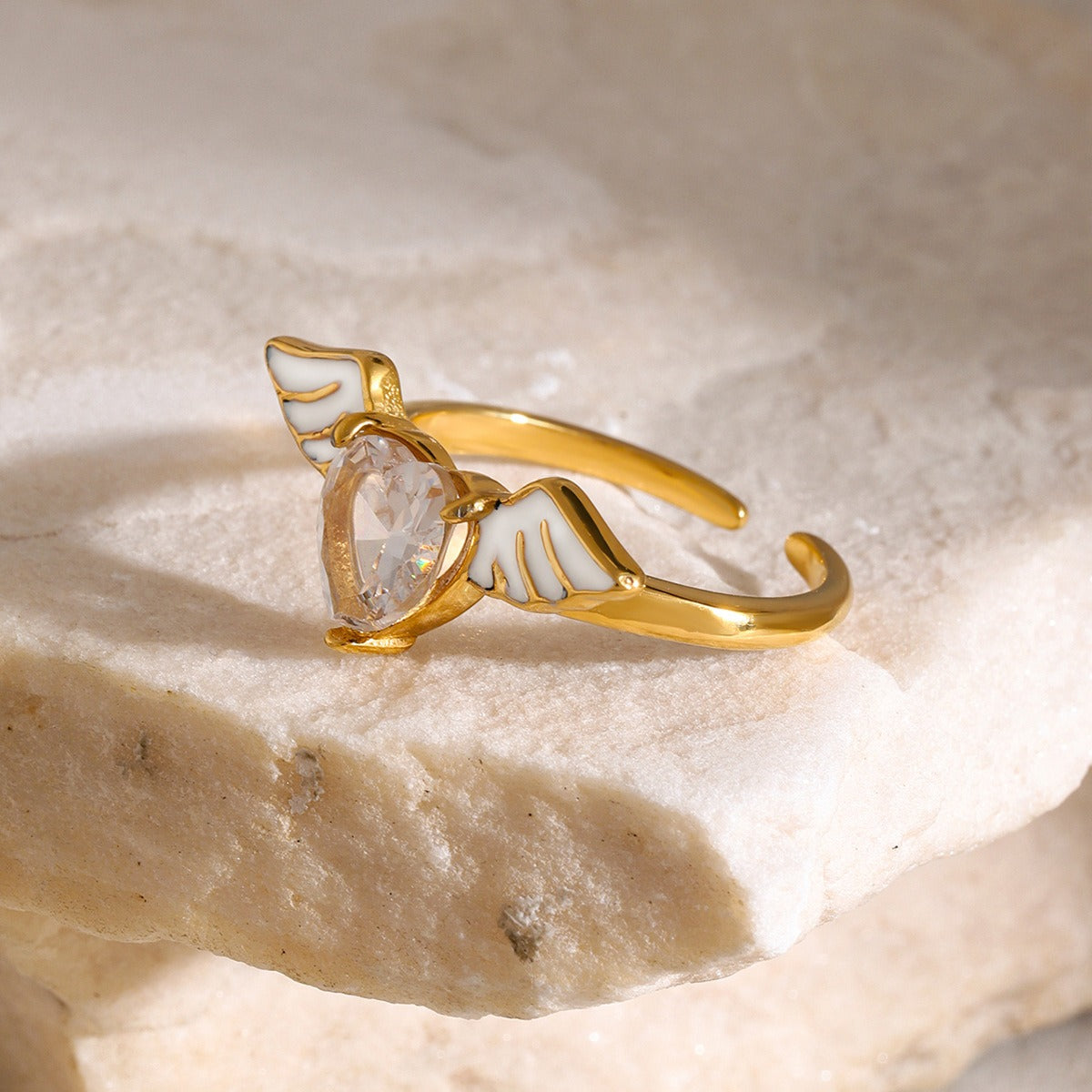 Kaze Angel Wings Heart Gemstone Ring | 18K Gold Adjustable Ring for Women