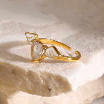 Kaze Angel Wings Heart Gemstone Ring | 18K Gold Adjustable Ring for Women