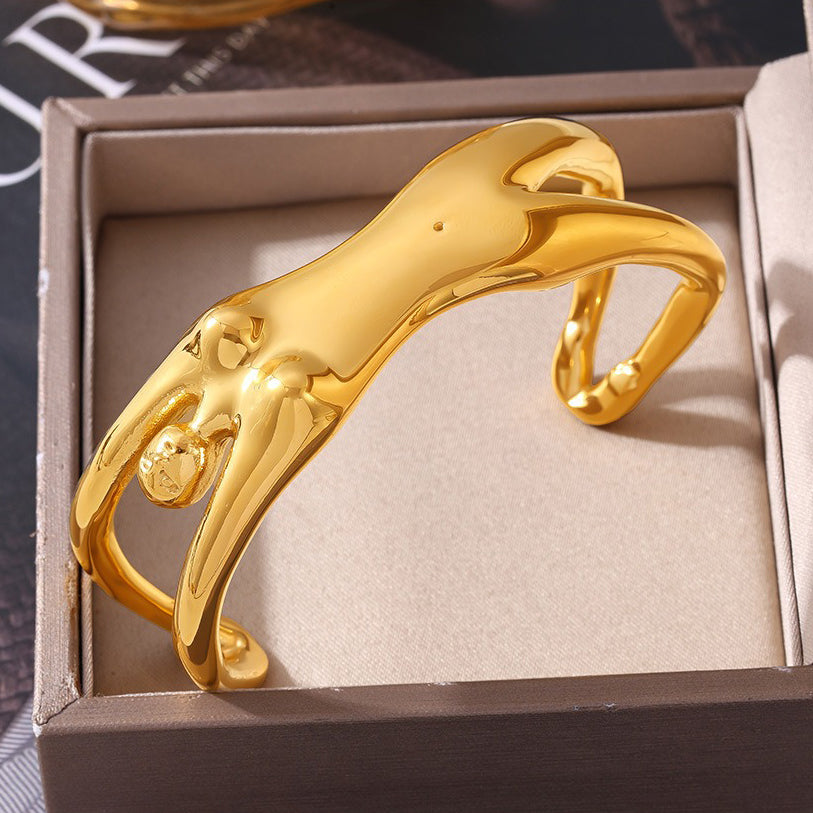 Kaze Body Contour Open Bangle | 18K Gold Sculptural Artistic Bracelet in Gold &amp; Silver