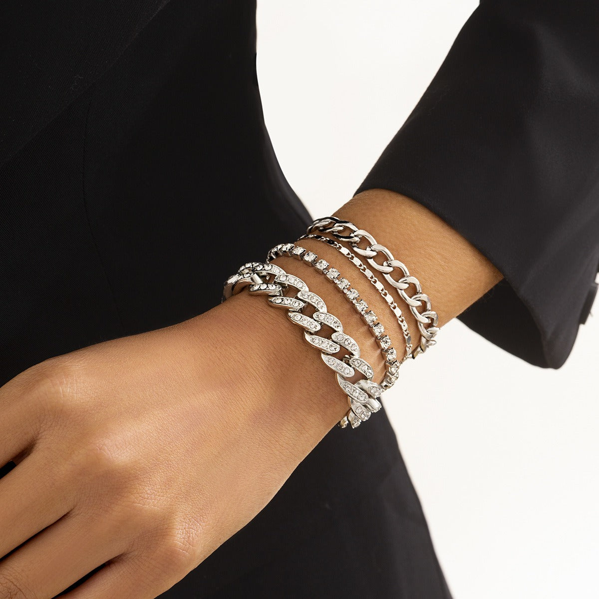 Kaze Hip-Hop Retro Diamond-Studded Cuban Chain Bracelet Set | 18K Gold Statement Bracelet in Gold &amp; Silver Silver