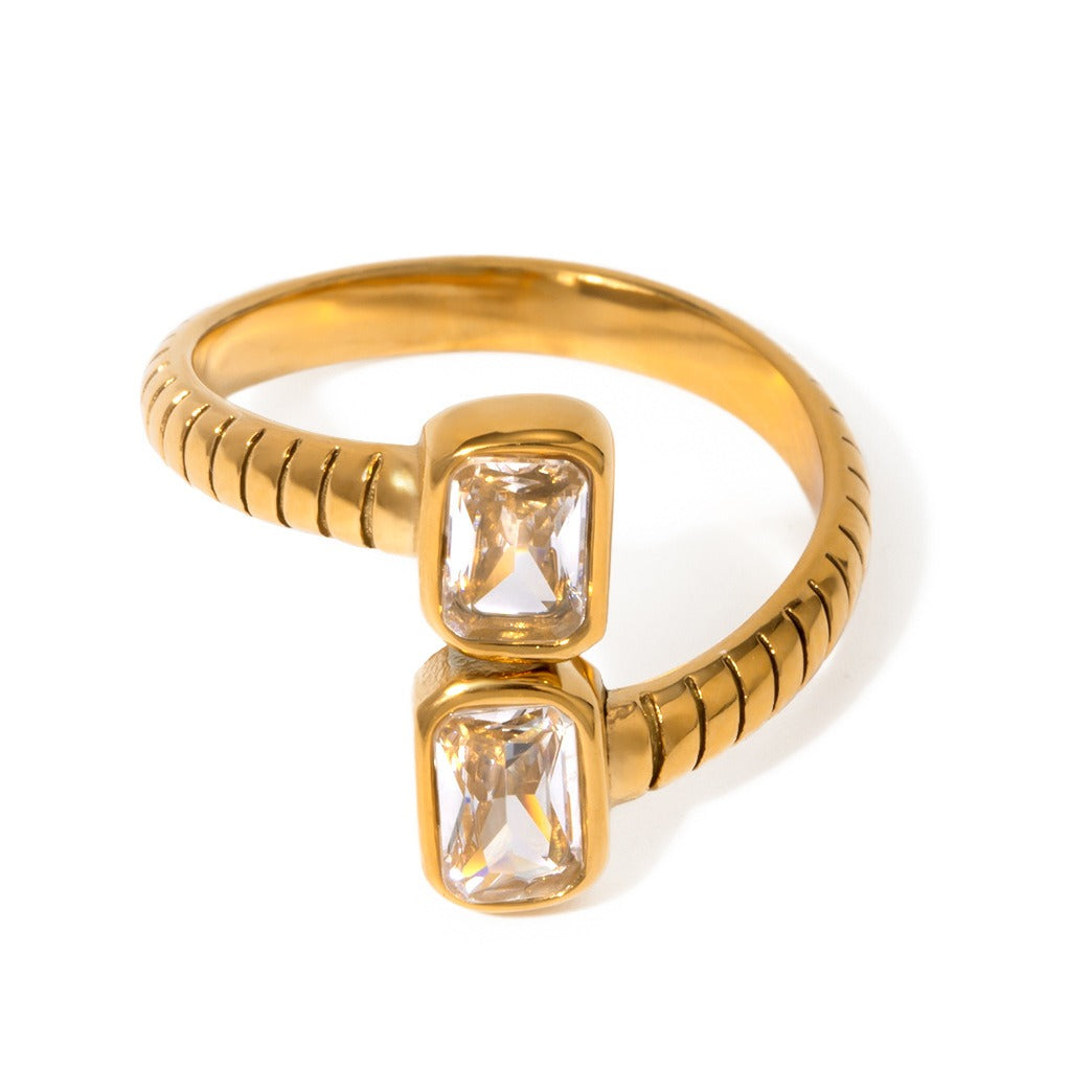 Kaze Geometric Gemstone High-End Open Ring | 18K Gold Adjustable Luxury Ring Adjustable