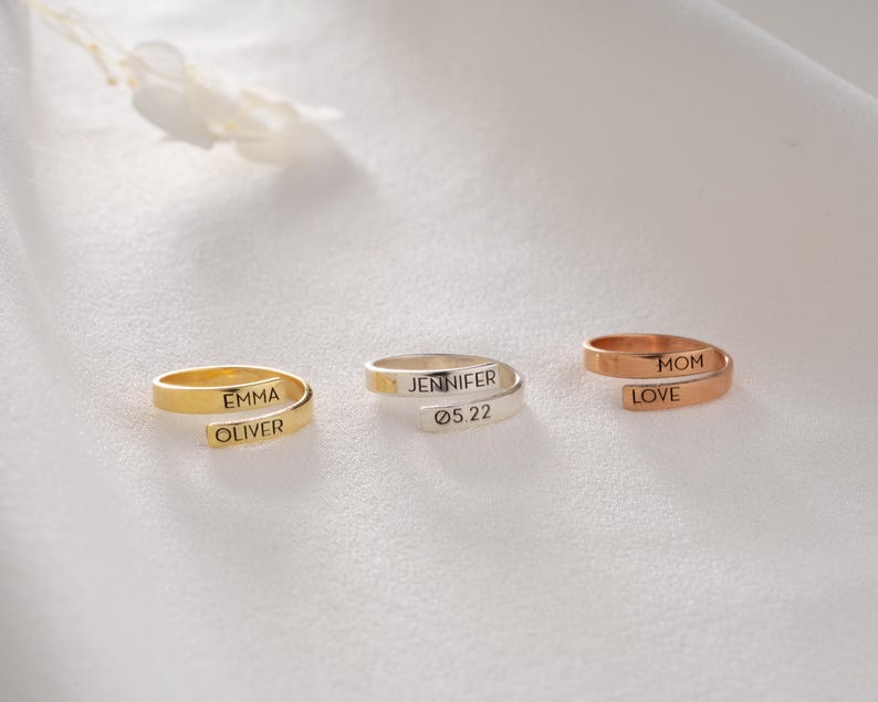Kaze Personalised Double Name Wrap-Around Open Ring | Custom Engraved Ring in Silver, Gold &amp; Rose Gold