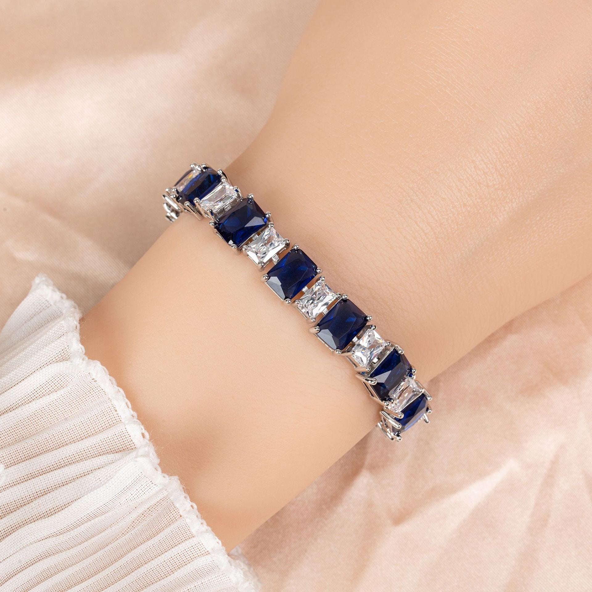 Kaze Square Micro-Pavé Zirconia Enamel Bracelet | Geometric Enamel Bracelet in 4 Colours Royal Blue on White