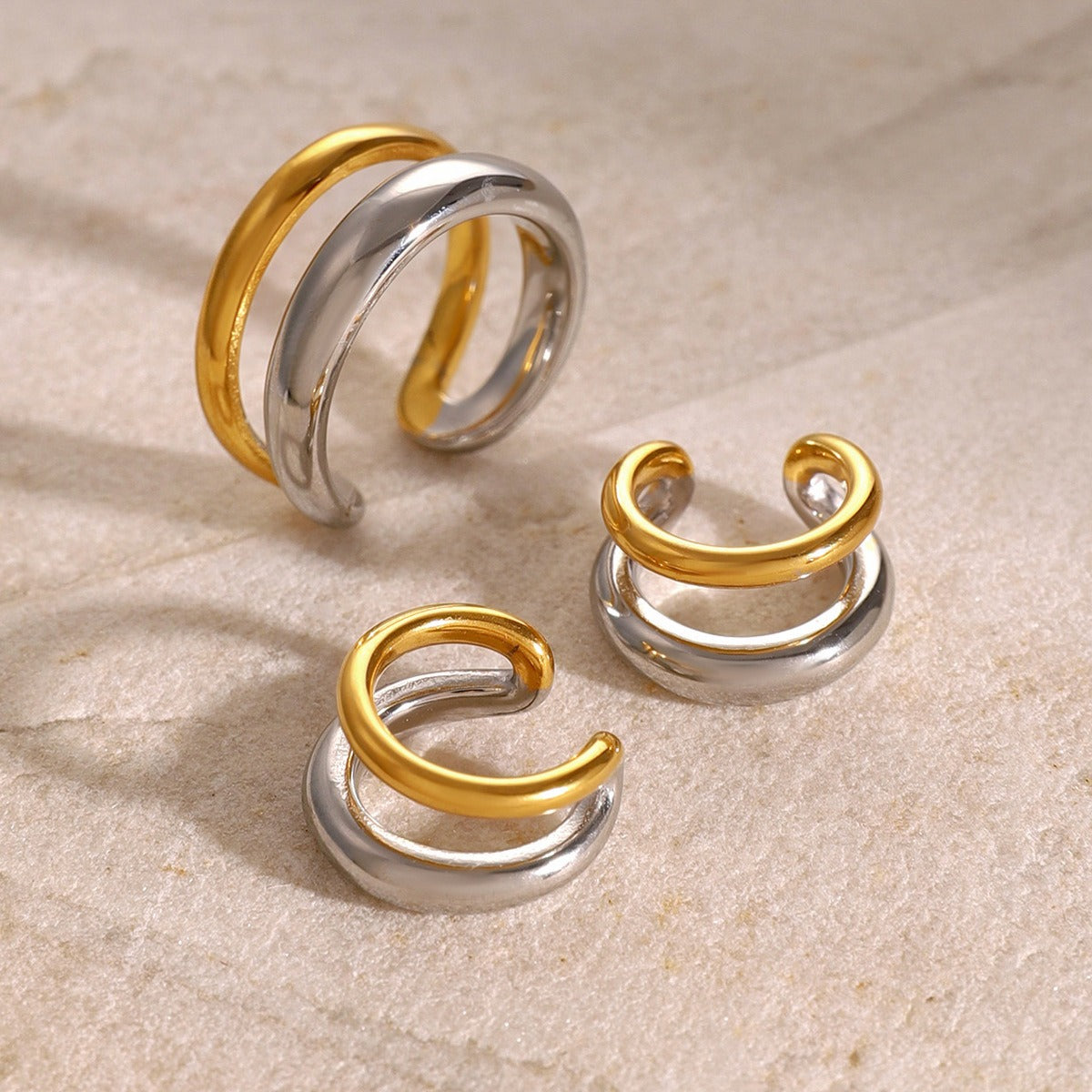 Kaze Double-Layer Two-Tone Earring and Ring Set | 18K Gold Gold &amp; Silver Matching Jewellery Set