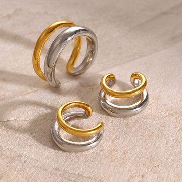 Kaze Double-Layer Two-Tone Earring and Ring Set | 18K Gold Gold &amp; Silver Matching Jewellery Set