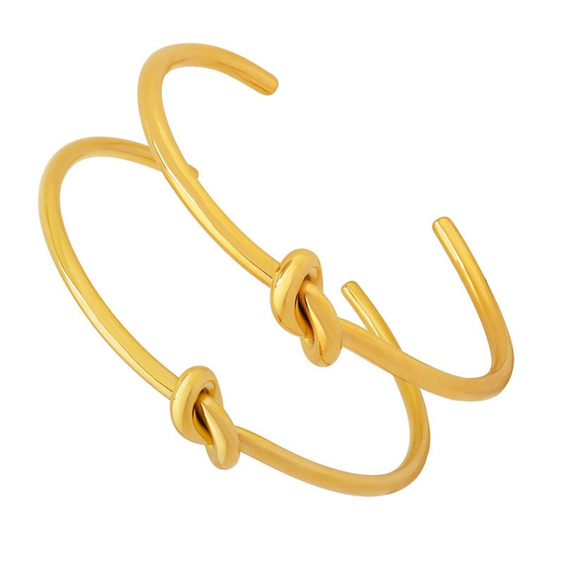 Kaze Line Sense Knot Open Bangle | 18K Gold Minimalist Bracelet in Thick &amp; Thin Variants