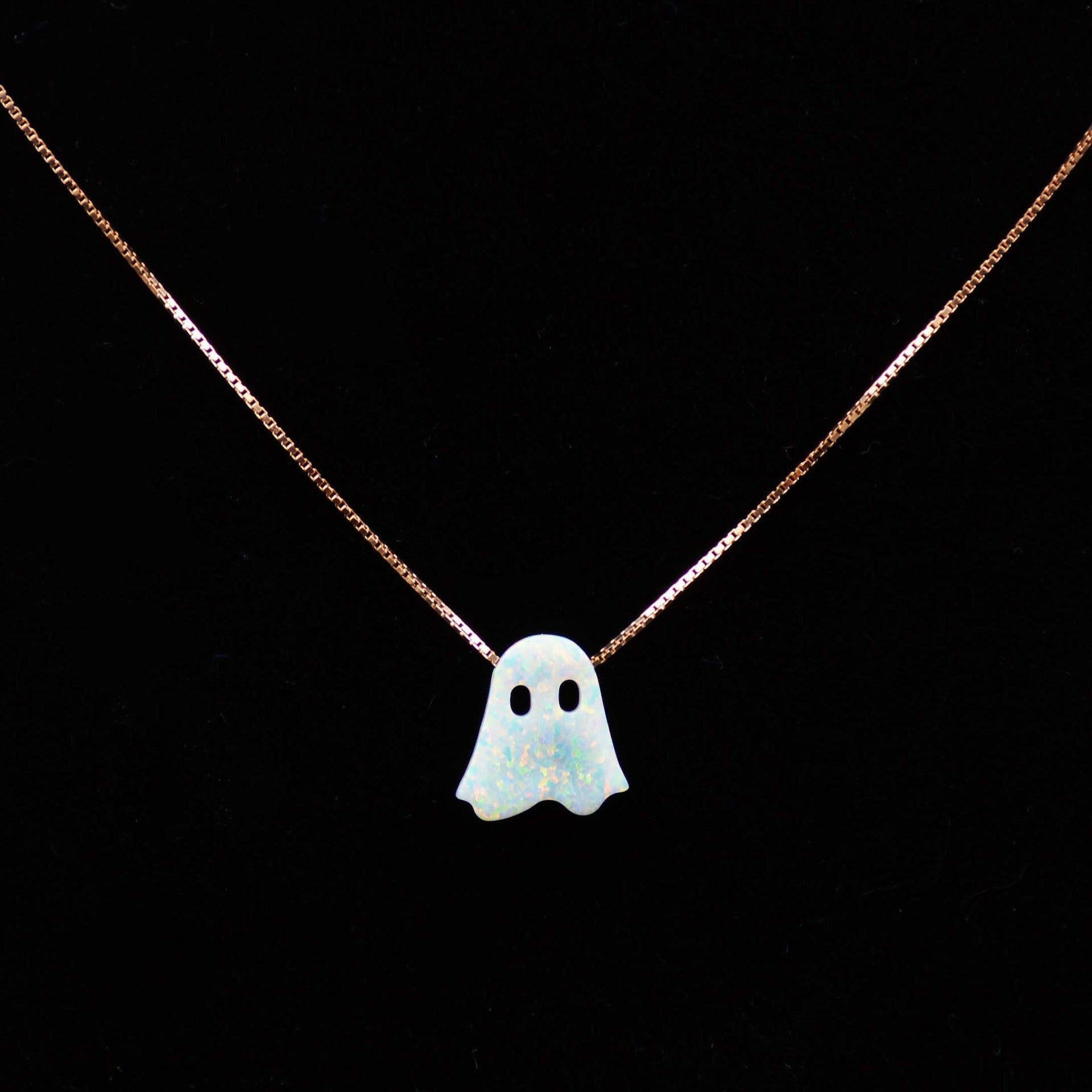 Kaze Ghost S925 Sterling Silver Pendant Necklace | Unisex Box Chain in White, Black, Gold &amp; Rose Gold White Ghost Rose Gold Necklace