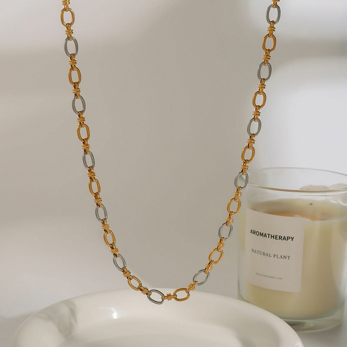 Kaze Two-Tone Chain Necklace &amp; Bracelet Set | 18K Gold Silver Colour-Block Chain Set