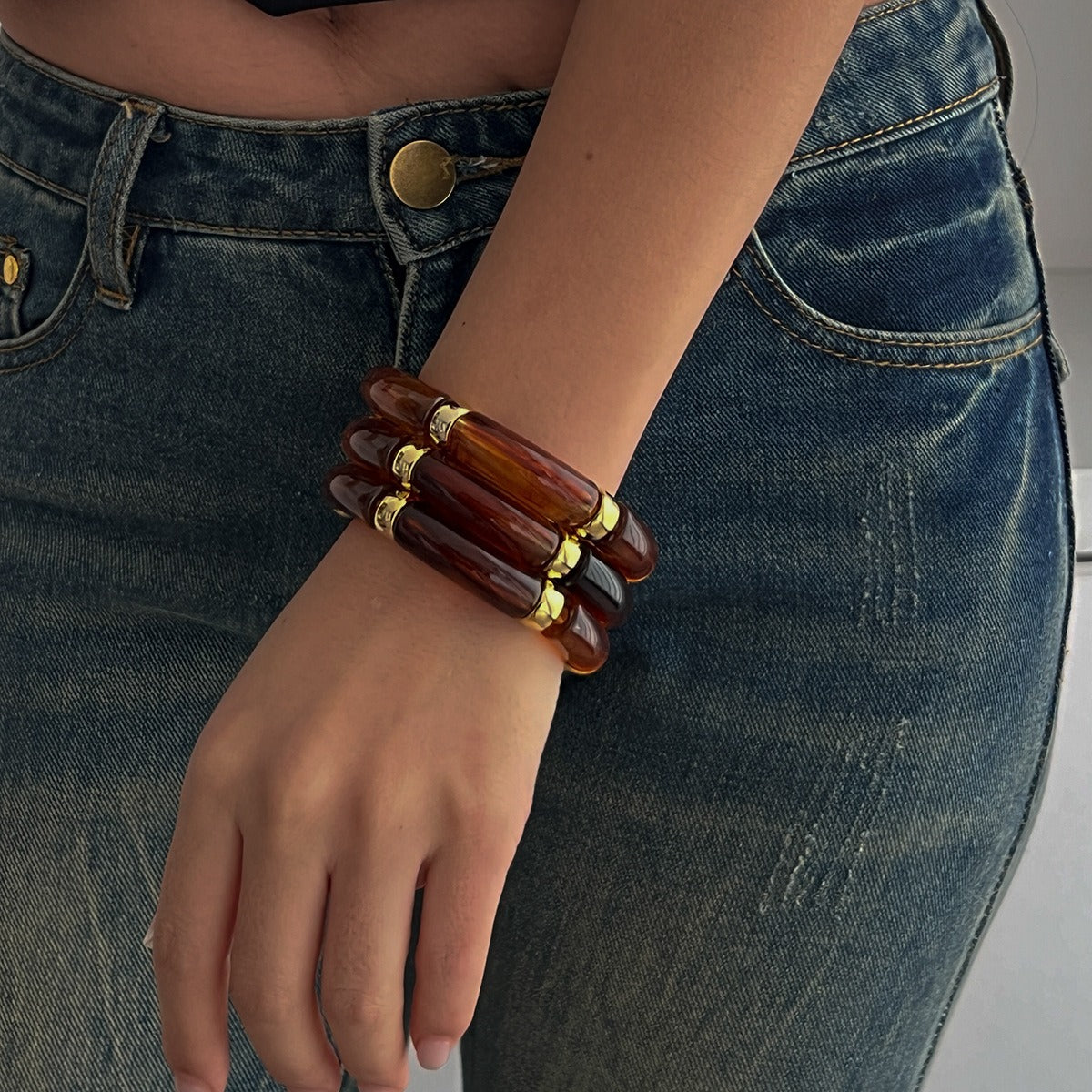 Kaze Light Luxury Beaded Bamboo Bracelet | 18K Gold-Plated S925 Silver Resin Bracelet in 8 Colours Color MixingA