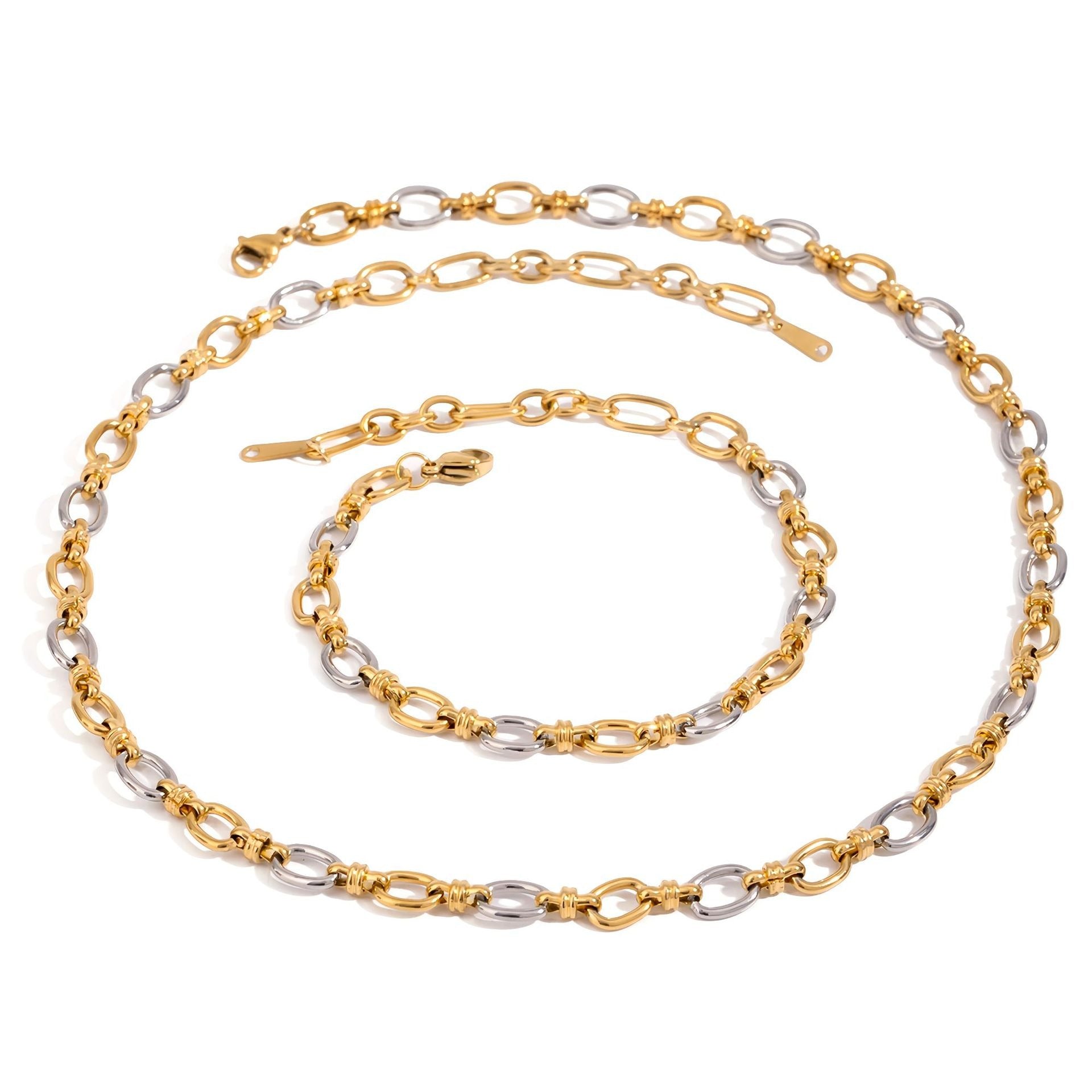 Kaze Two-Tone Chain Necklace &amp; Bracelet Set | 18K Gold Silver Colour-Block Chain Set