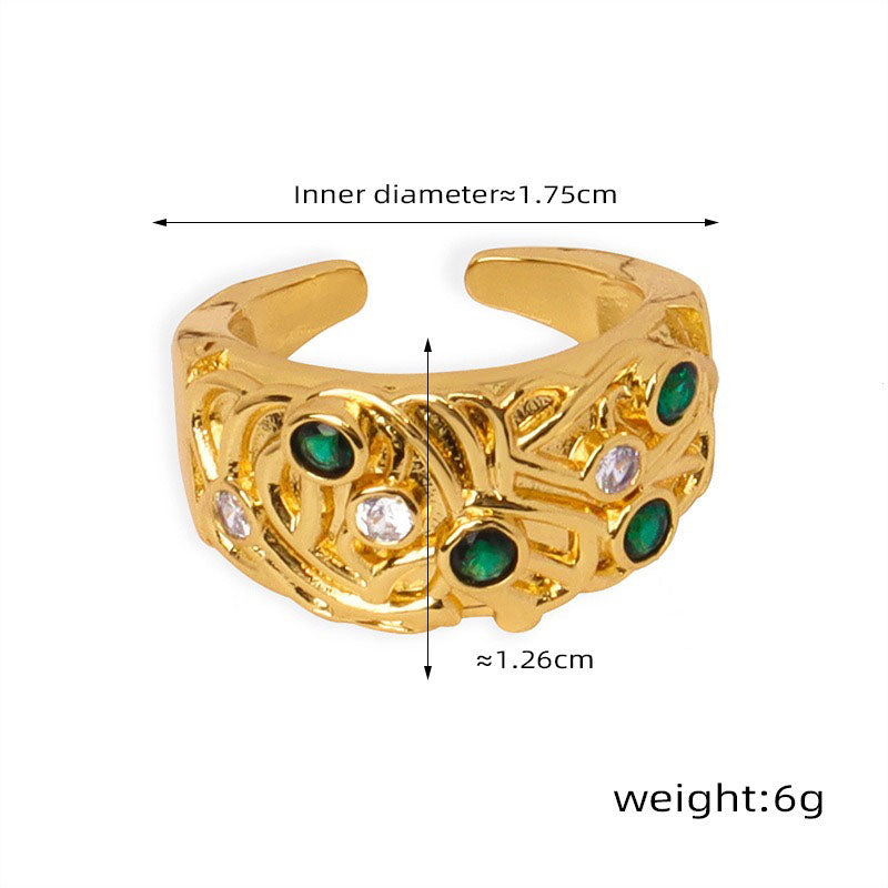 Kaze Retro Irregular Carved Zircon Open Ring | 18K Gold-Plated Stainless Steel Adjustable Ring