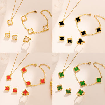 Kaze Four-Leaf Clover Jewellery Set | 18K Gold Necklace, Bracelet, Earrings &amp; Ring