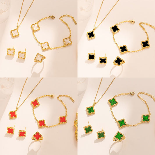 Kaze Four-Leaf Clover Jewellery Set | 18K Gold Necklace, Bracelet, Earrings &amp; Ring