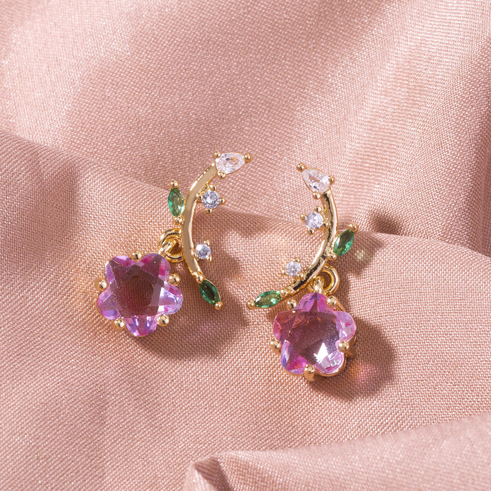Kaze Plum Blossom Zircon Leaf Flower Drop Earrings | Gold Alloy Botanical Earrings