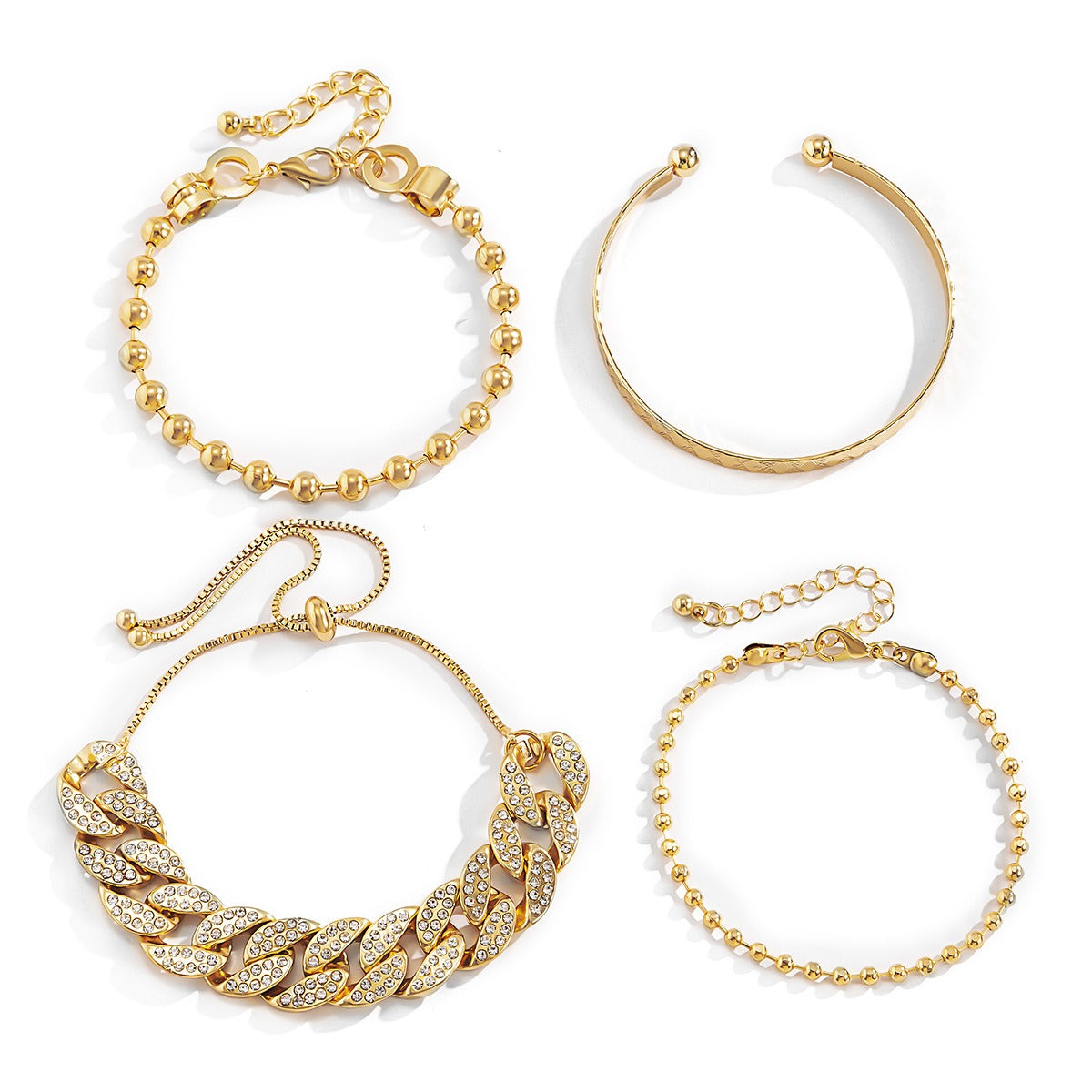 Kaze Diamond-Encrusted Cuban Clasp and Hip-Hop Round Bead Chain Bracelet Set | 18K Gold Statement Bracelet