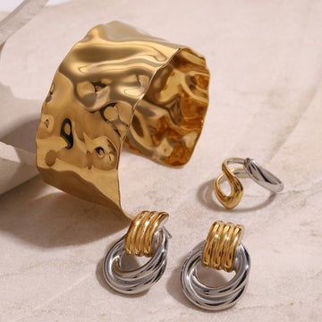 Kaze Geometric Two-Tone Jewellery Set | 18K Gold Earrings, Bracelet &amp; Ring in Gold &amp; Silver