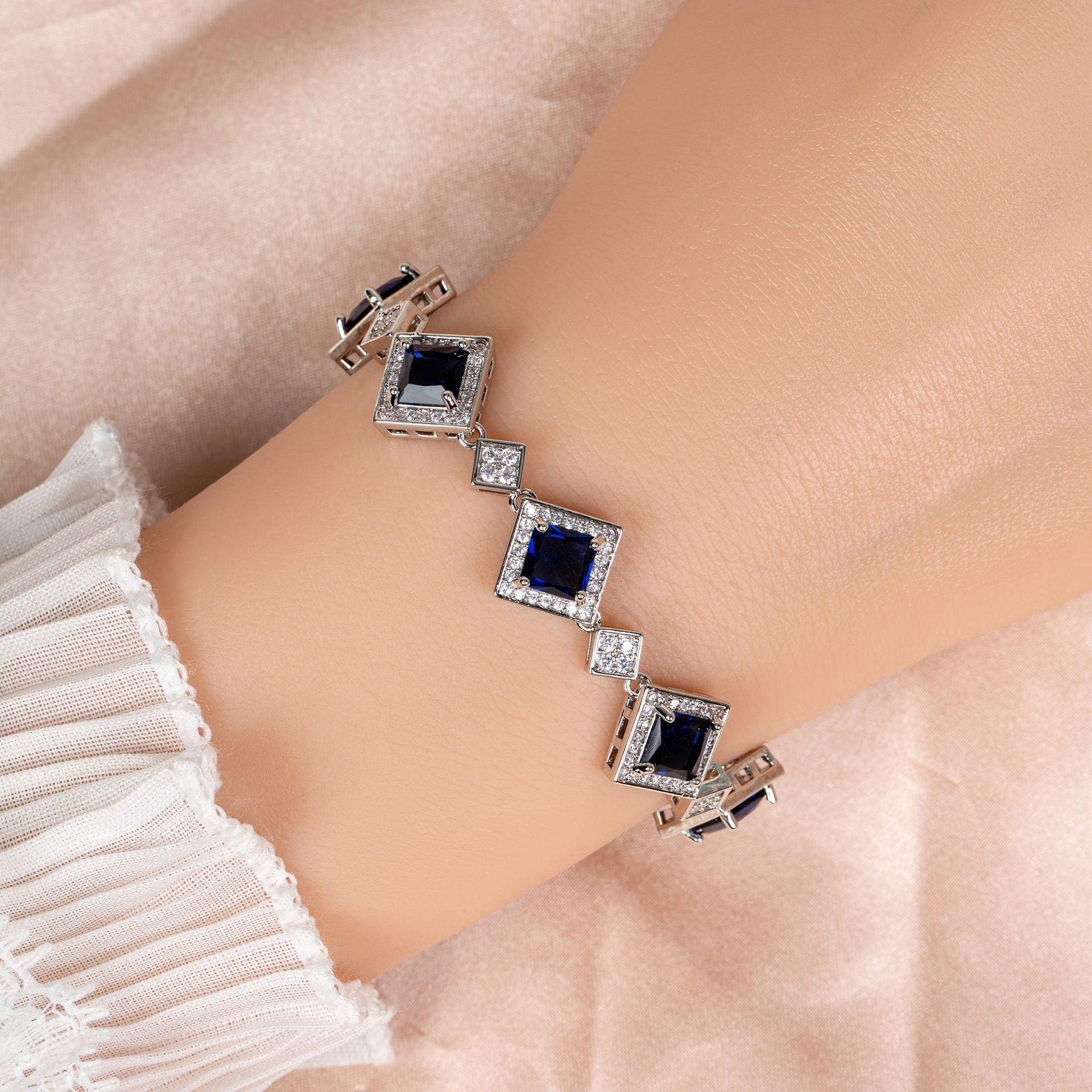 Kaze Square Star Triangular Zirconia Bracelet | S925 Silver Geometric Bracelet White background with royal blue