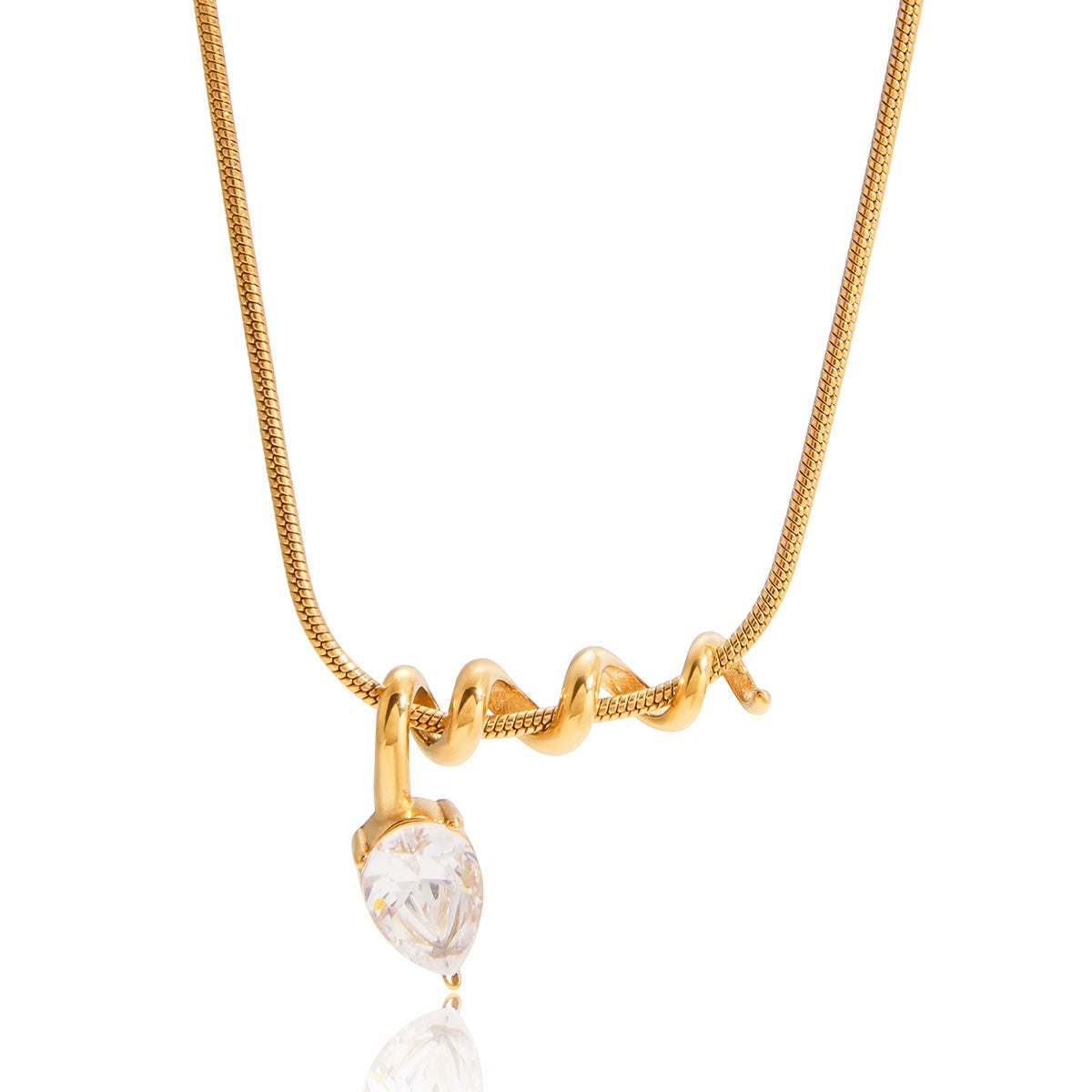18K Gold-Plated Small Spiral Titanium Steel Necklace with Cubic Zirconia Only