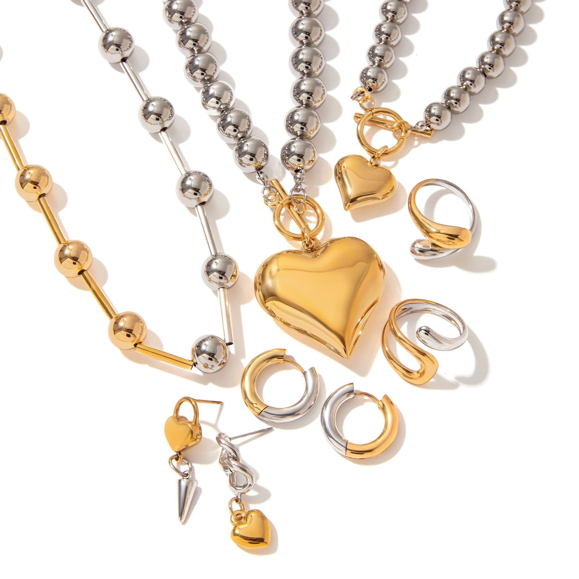 Kaze 18K Gold Heart-Shaped Jewellery Set with Gold and Silver Contrast | Necklace, Bracelet, Ring &amp; Earrings
