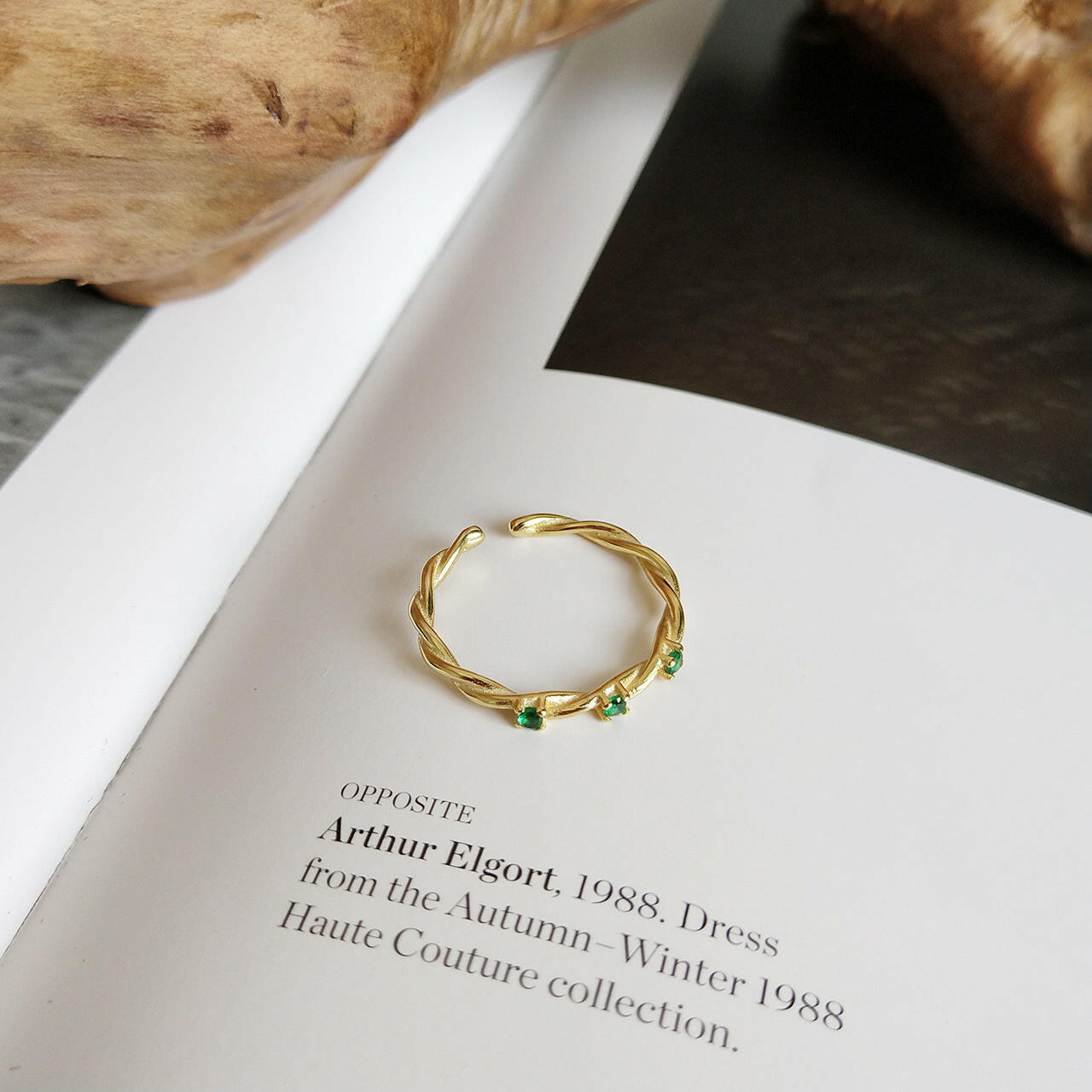 Kaze Braided Green Stone Ring | Adjustable Gold-Tone Ring for Women