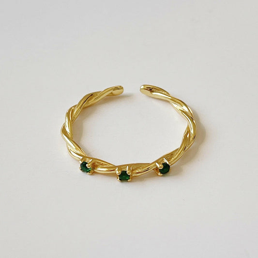 Kaze Braided Green Stone Ring | Adjustable Gold-Tone Ring for Women Gold