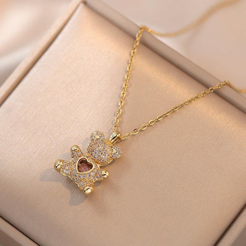 Kaze Bear Heart Love Necklace | Titanium Steel Gold Heart Pendant Necklace for Women Gold