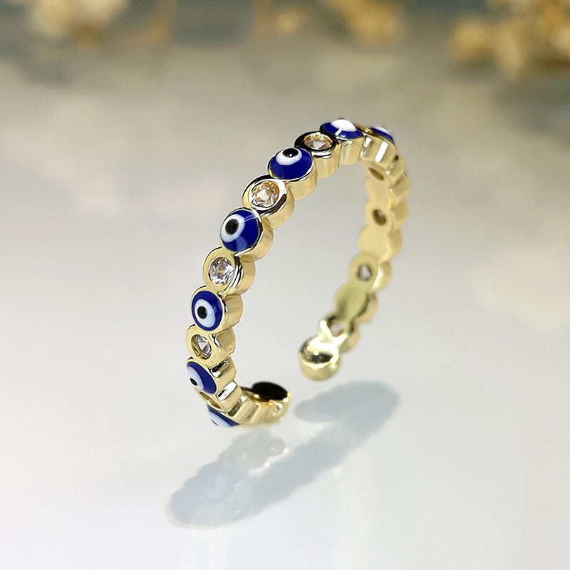 Kaze Exaggerated Eye Design Gemstone Open Ring | 18K Gold Oil-Drip Enamel Ring in 18 Variants Royal Blue Adjustable