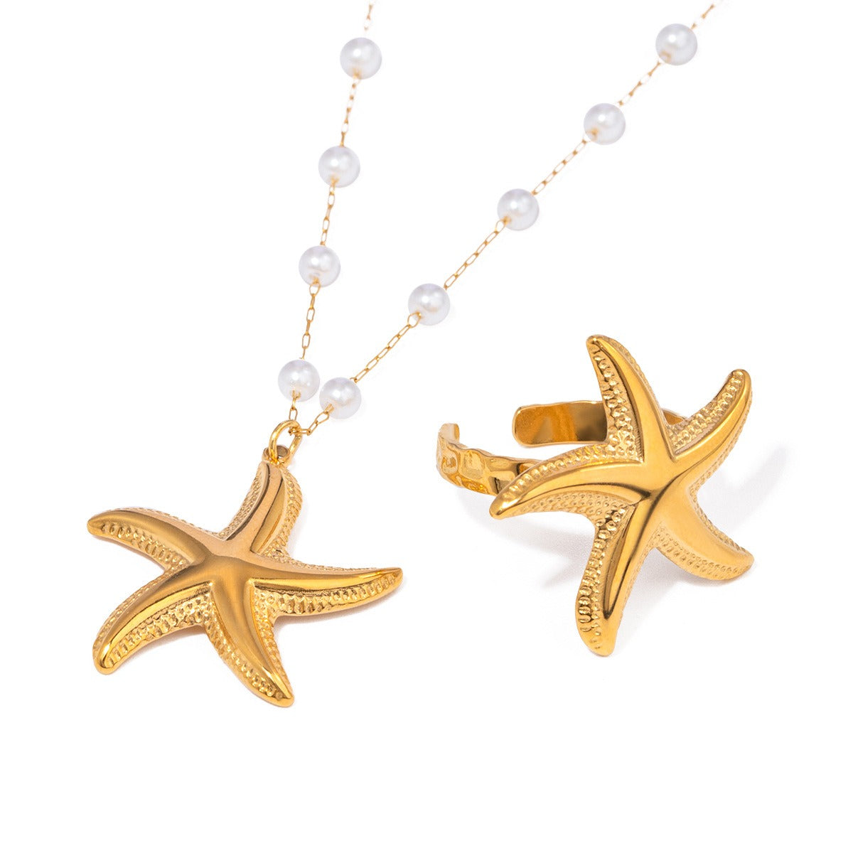 Kaze Starfish Pearl Necklace and Ring Set | 18K Gold Coastal Pearl Jewellery Set