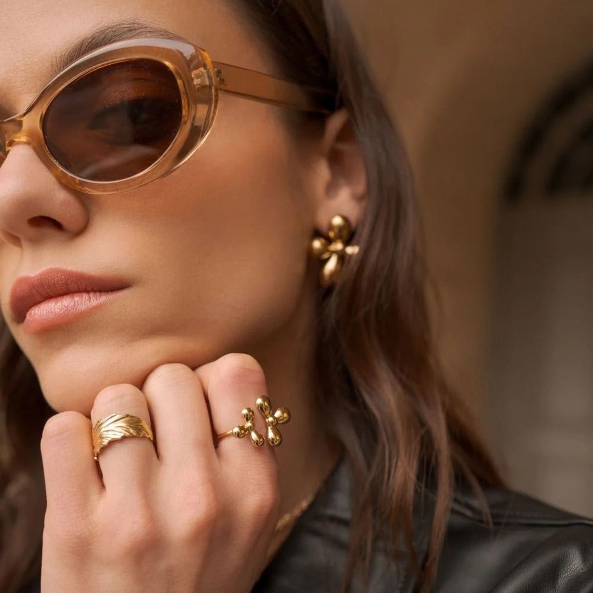 Kaze Light Luxury Titanium Steel Ring and Earring Collection | 18K Gold Ring A, B &amp; Earring Set