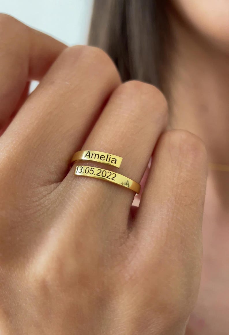 Kaze Customized Open Ring with Name and Date | Personalised Engraved Ring in Silver, Gold &amp; Rose Gold