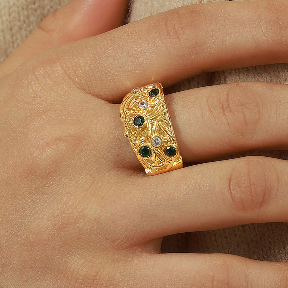 Kaze Retro Irregular Carved Zircon Open Ring | 18K Gold-Plated Stainless Steel Adjustable Ring