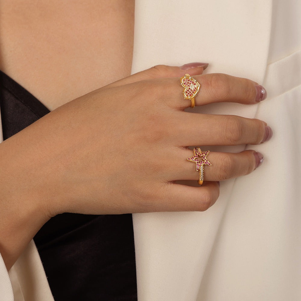 Kaze Heart and Hollow Star Zircon Ring | 18K Gold Adjustable Ring in Heart &amp; Star Design