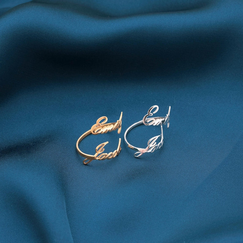 Kaze Customizable Double Name Open Ring | Personalised Two-Name Ring in Silver, Gold &amp; Rose Gold