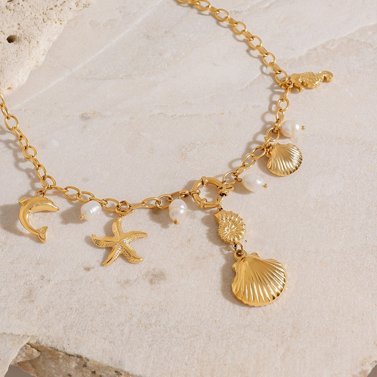 Kaze 18K Gold Ocean-Themed Inlaid Pearl Jewellery Set | 14-Piece Coastal Jewellery Collection