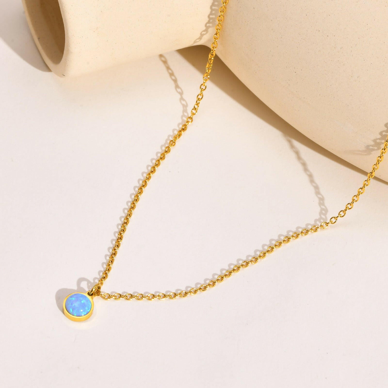 Kaze White and Blue Opal Round Pendant Necklace | Titanium Steel Opal Necklace for Women Blue Opal Stone