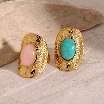Kaze Oval Gemstone Textured Luxury Ring | 18K Gold High-End Ring in Green &amp; Pink