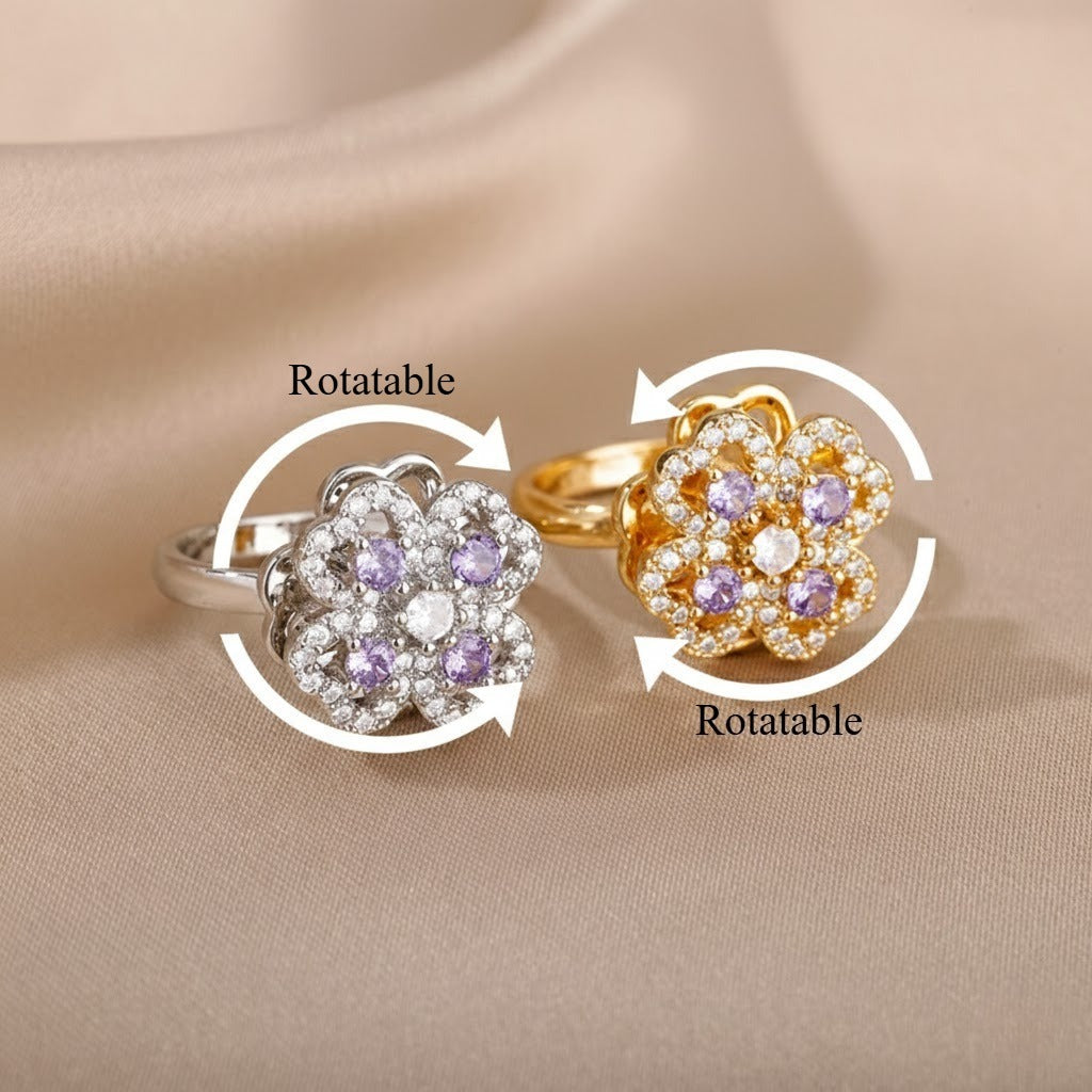 Kaze Rotatable Zircon Flower Stress-Relief Ring | 18K Gold Titanium Spinner Ring in 10 Styles Ring B Adjustable