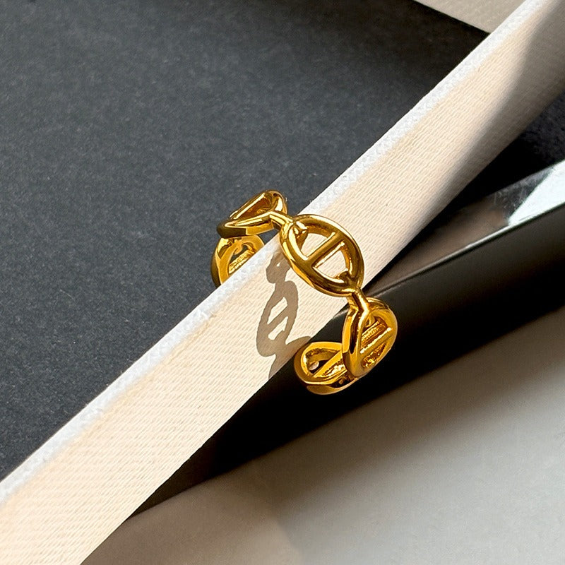 Kaze Pig Nose Rhinestone Open Adjustable Ring | 18K Gold S925 Silver Ring in Diamond &amp; Smooth Variants Smooth surface Adjustable