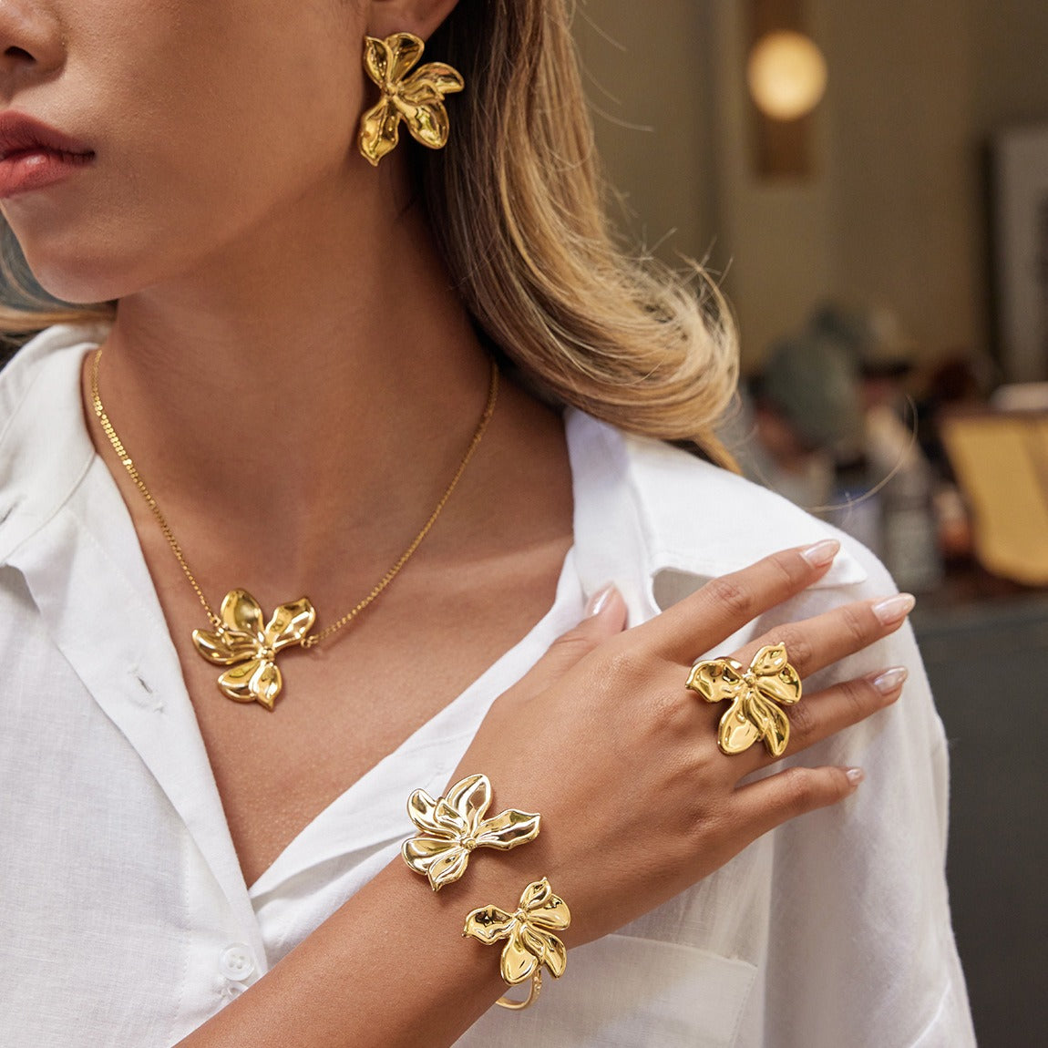 Kaze Bougainvillea Flower Jewellery Set | 18K Gold Floral Ring, Earrings, Necklace &amp; Bracelet