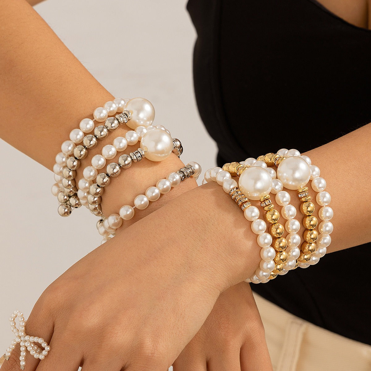 Kaze Pearl Stacking Bracelet | 18K Gold Multi-Layer Pearl Bracelet in White &amp; Gold