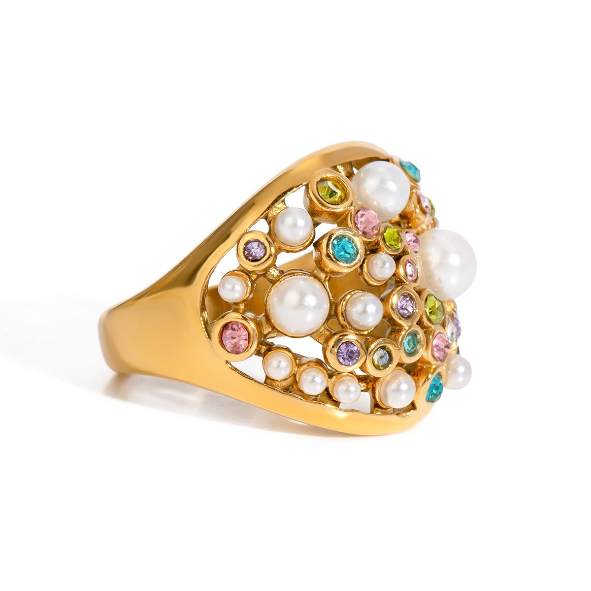 Kaze Classic Vintage Pearl and Diamond Ring | 18K Gold Retro Luxury Ring Size 7 7US