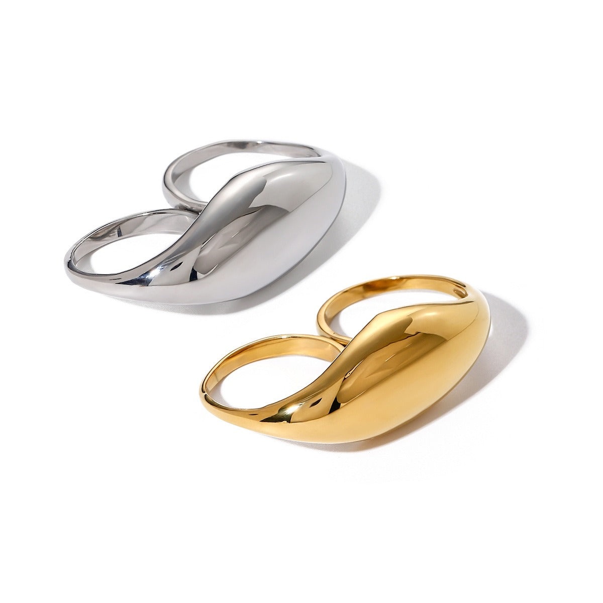 Kaze Chubby Geometric Two-Finger Design Ring | 18K Gold Bold Statement Ring in Gold &amp; Silver