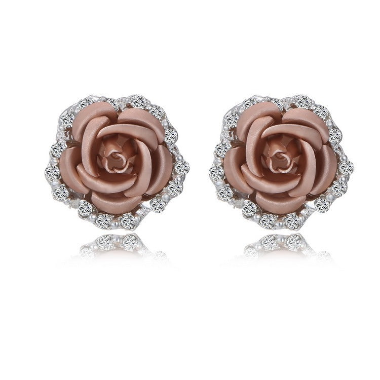 Kaze Rose Flower Ear Clip Earrings | Korean-Style Geometric Diamond Earrings in 9 Colours Pink