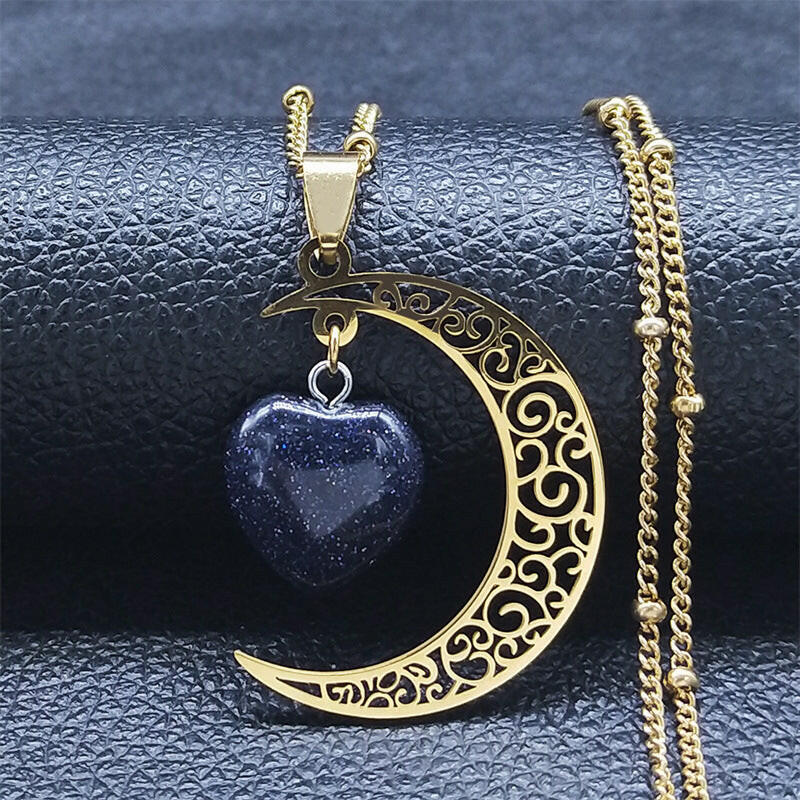 Kaze Vintage Moon and Heart Natural Stone Necklace | Stainless Steel Celestial Pendant Gold 50cm
